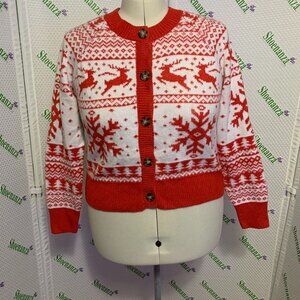 Ugly Christmas Sweater Dec. 2th Cardigan Reindeer Snowflake Red White Womens L